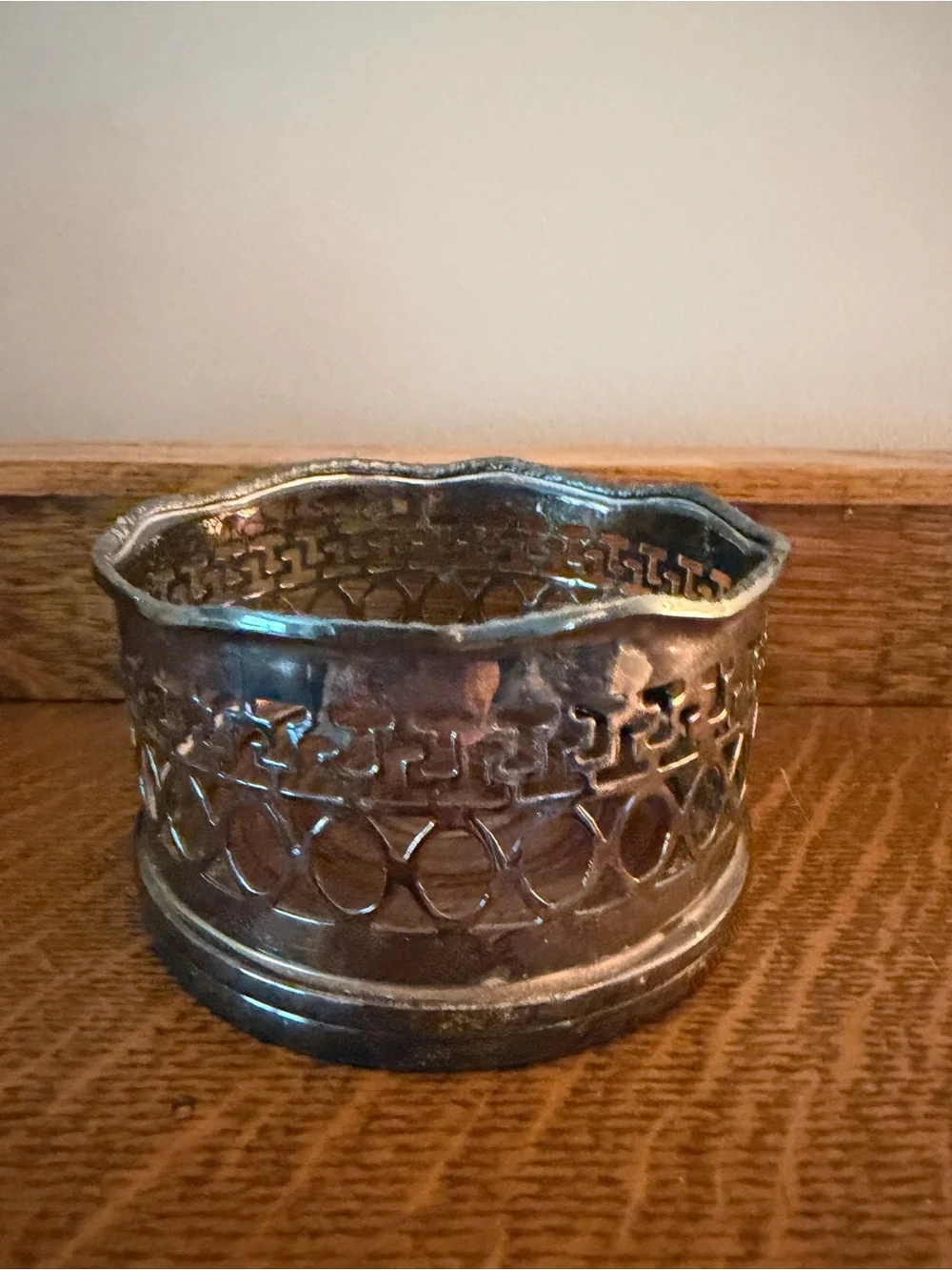 Royal Sheffield Vintage Silverplate Pierced Wine Bottle Coaster Walnut Base 4”